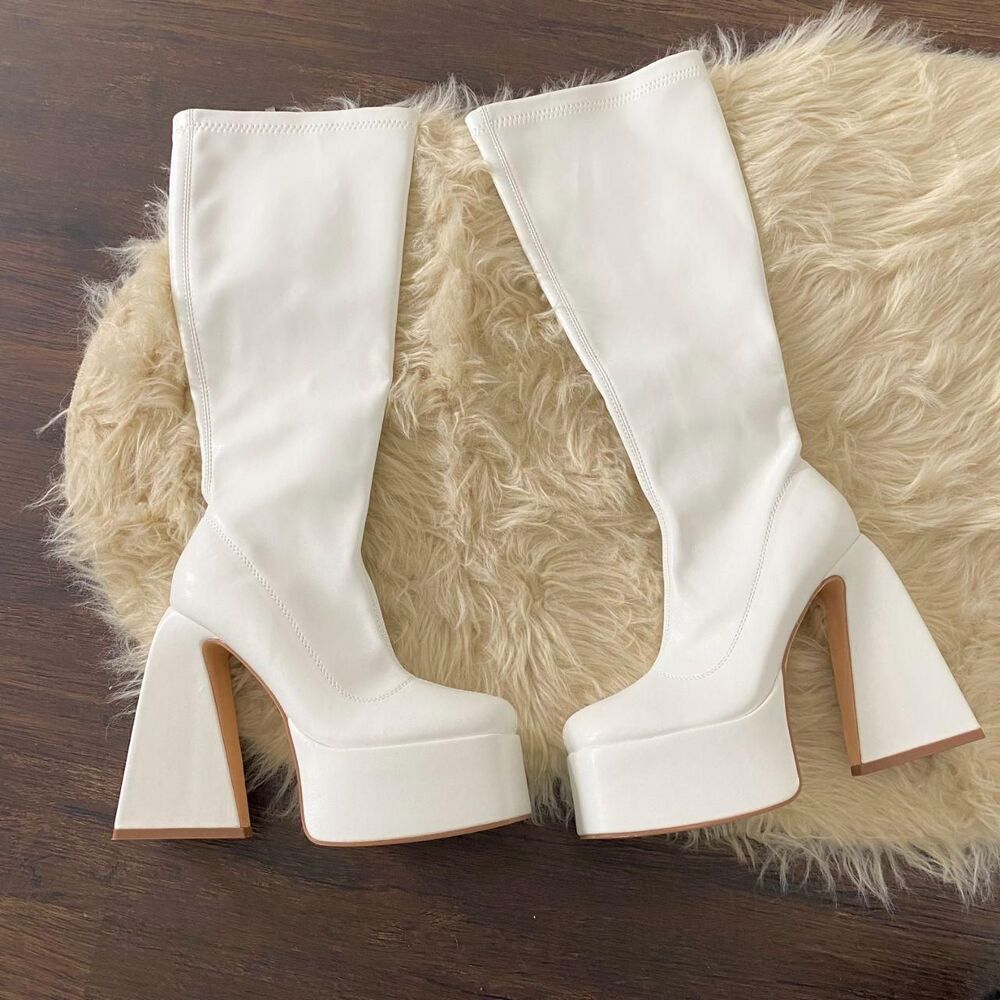 Chunky White Faux Leather Platform Knee High Heel Triangle Heels Boots US 7